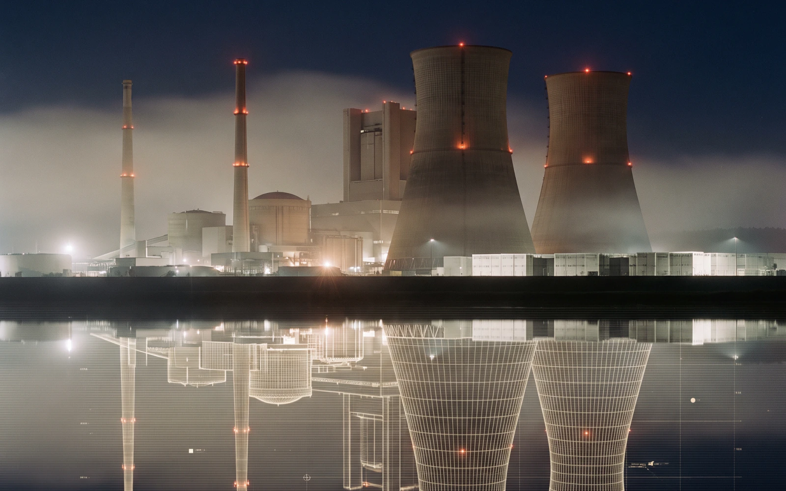 A power station at night mirrored in still water, its reflection rendered as a wireframe model.