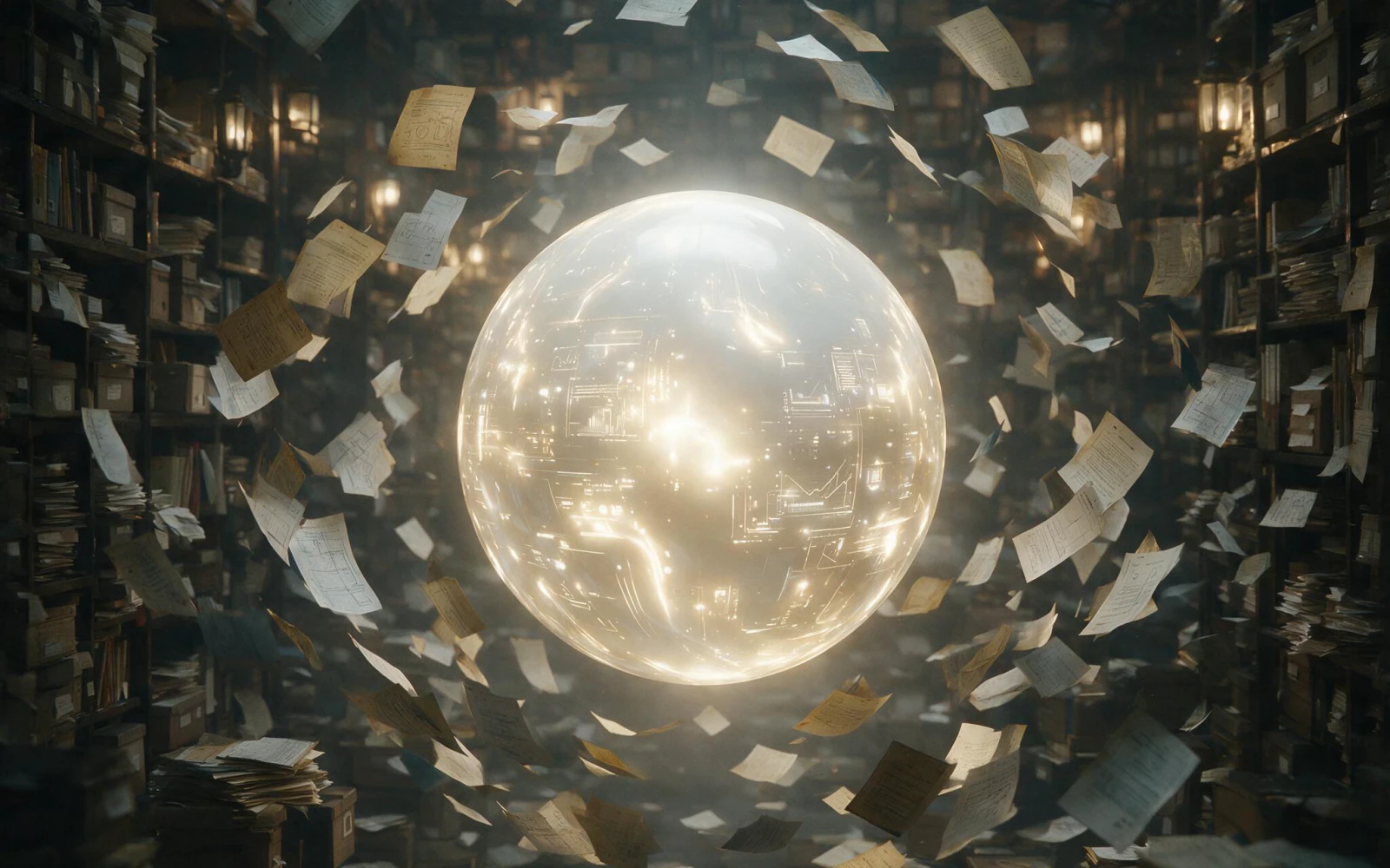 A luminous sphere suspended in an archive, loose papers spiralling into it from the shelves.