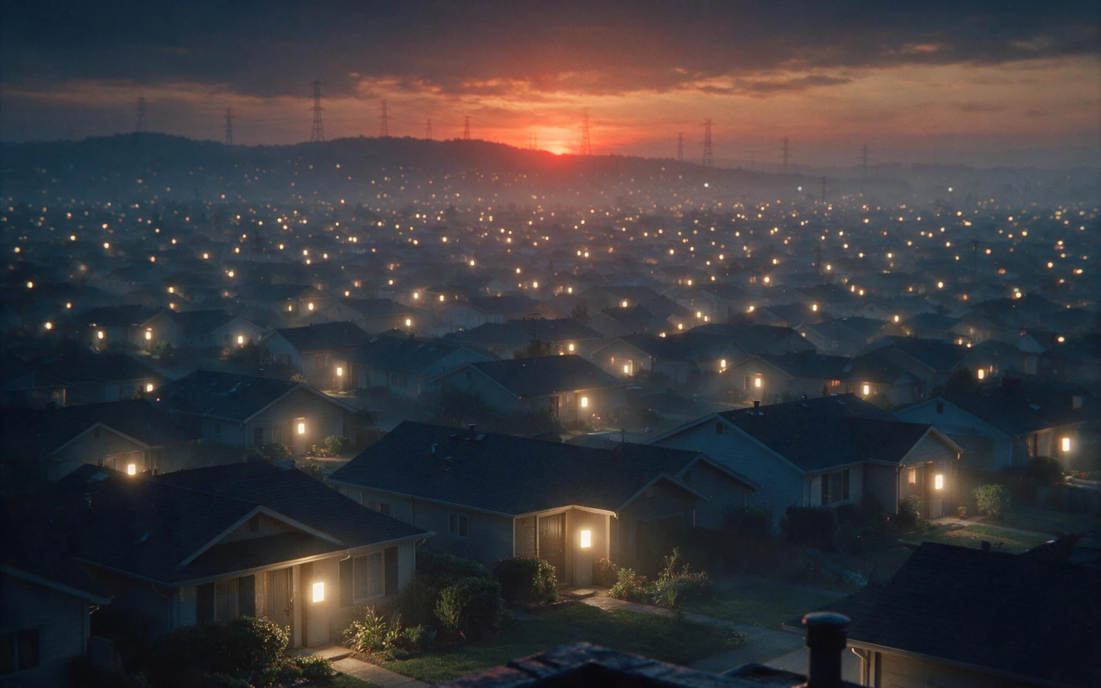 A hillside suburb at dusk, thousands of lit windows spread beneath a red sunset.