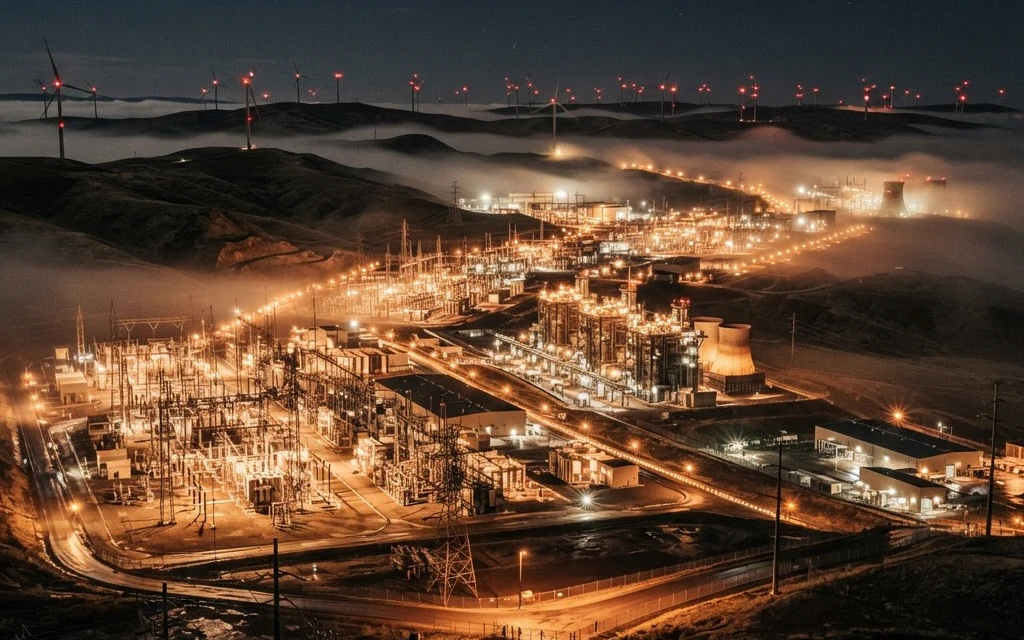 A vast substation glowing amber through low fog, wind turbines lining the ridge behind it.
